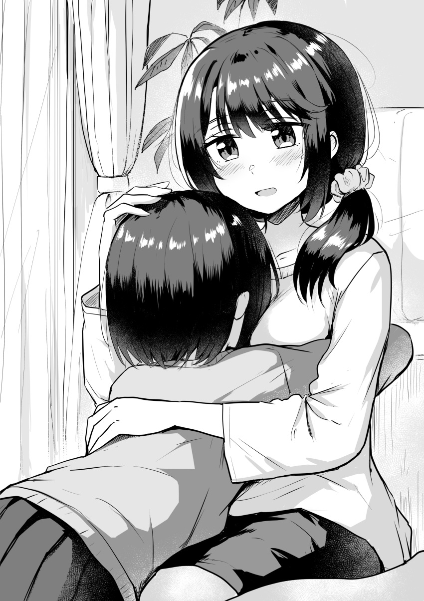 2girls absurdres bangs betock between_breasts blush breasts commentary_request curtains greyscale hand_on_another's_back hand_on_another's_head head_between_breasts headpat highres hug indoors long_hair long_sleeves monochrome multiple_girls original parted_lips pleated_skirt ponytail school_uniform short_hair sitting skirt yuri