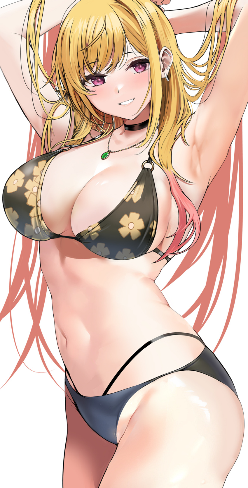 1girl armpits arms_behind_head arms_up bangs bikini black_bikini black_choker blonde_hair bracelet breasts choker colored_tips ear_piercing earrings floral_print gradient_hair highres jewelry kitagawa_marin large_breasts long_hair looking_at_viewer multicolored_hair necklace oidoden2535 piercing print_bikini red_eyes redhead sono_bisque_doll_wa_koi_wo_suru swept_bangs swimsuit