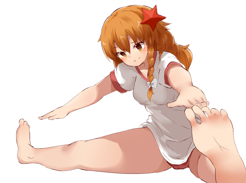 1girl azusa_(cookie) bad_feet bangs barefoot blush bow breasts buruma closed_mouth commentary_request cookie_(touhou) eyebrows_visible_through_hair feet full_body hair_bow hair_ornament highres kirisame_marisa long_hair looking_down medium_breasts orange_hair red_buruma red_star shirt simple_background solo star_(symbol) star_hair_ornament stretch touhou wavy_mouth white_background white_bow white_shirt yellow_eyes yumekamaborosh