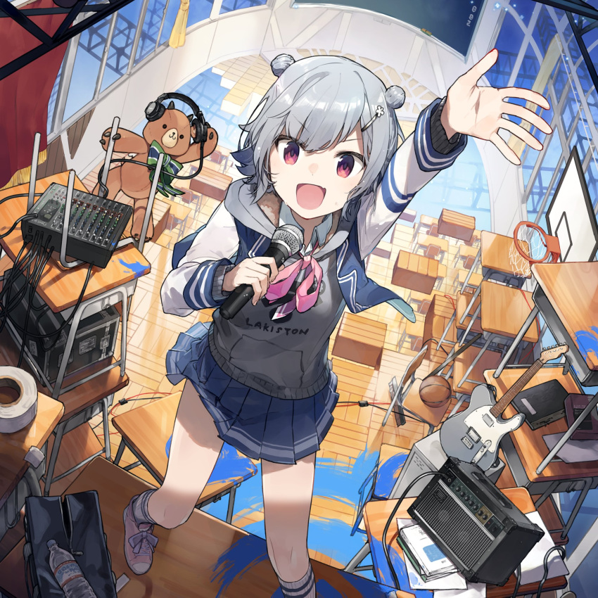 1girl amplifier arm_up bag bangs basket basketball_hoop blue_skirt bottle broom cable cevio chair chalkboard collared_shirt double_bun foot_out_of_frame grey_hair grey_hoodie guitar hair_ornament hairclip headphones highres holding holding_microphone hood hoodie instrument jacket koharu_rikka long_sleeves looking_at_viewer microphone notebook open_clothes open_jacket open_mouth paint_splatter pleated_skirt school_bag school_chair second-party_source shirt shoes short_hair skirt smile sneakers socks solo soundboard standing stuffed_animal stuffed_toy synthesizer_v table tape teddy_bear teshima_nari violet_eyes water_bottle white_shirt