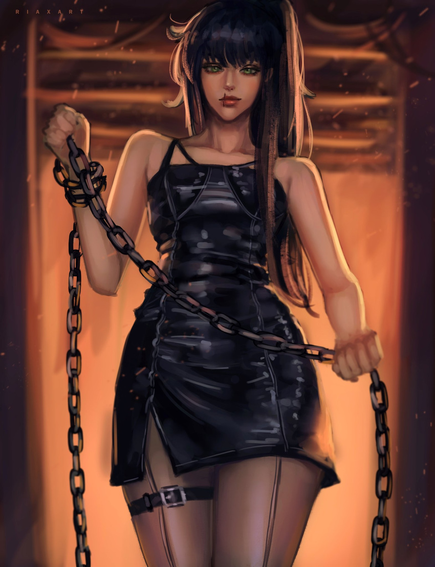 1girl artist_name backlighting black_hair blurry blurry_background chain dress from_below fushiguro_touji genderswap genderswap_(mtf) green_eyes hair_between_eyes highres holding holding_chain jujutsu_kaisen leather long_hair looking_at_viewer looking_down ponytail riaxart scar scar_on_face sleeveless solo thigh-highs
