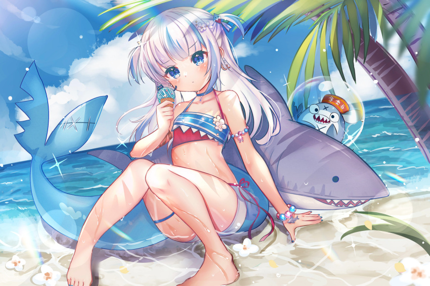 1girl absurdres bangs beach bloop_(gawr_gura) blue_eyes blue_hair blunt_bangs bracelet breasts feet fish_tail food gawr_gura hair_ornament highres hololive hololive_english holomyth ice_cream jewelry legs looking_at_viewer lydia601304 medium_hair multicolored_hair ocean palm_tree shark_girl shark_hair_ornament shark_tail silver_hair small_breasts streaked_hair swimsuit tail thigh_strap tree two_side_up virtual_youtuber