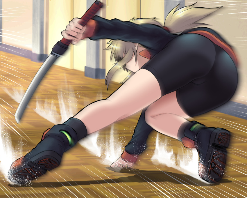 1girl ass back black_footwear black_jacket black_legwear black_shorts blonde_hair full_body hijikata-san_(m.m) holding holding_sword holding_weapon indoors jacket long_sleeves m.m original ponytail shoe_soles short_sword shorts solo sword tantou weapon