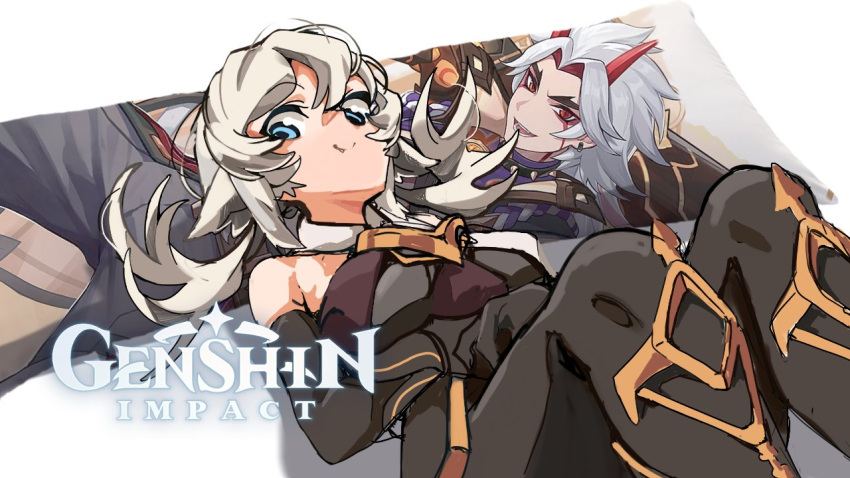 1girl arataki_itto black_bodysuit black_gloves blue_eyes bodysuit breasts dakimakura_(object) elbow_gloves english_commentary franziska_van_wulfen genshin_impact gloves grey_hair indie_virtual_youtuber logo looking_down lying medium_breasts on_back pillow shadow sleeveless_bodysuit smile solo van_wulfen virtual_youtuber