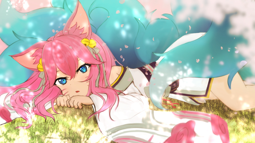 1girl :o ahri_(league_of_legends) animal_ears bangs bare_shoulders bell blue_eyes breasts facial_mark fox_ears fox_tail grass hair_bell hair_ornament highres league_of_legends long_hair long_sleeves lying multiple_tails npesi on_stomach open_mouth pink_hair solo spirit_blossom_(league_of_legends) spirit_blossom_ahri tail whisker_markings