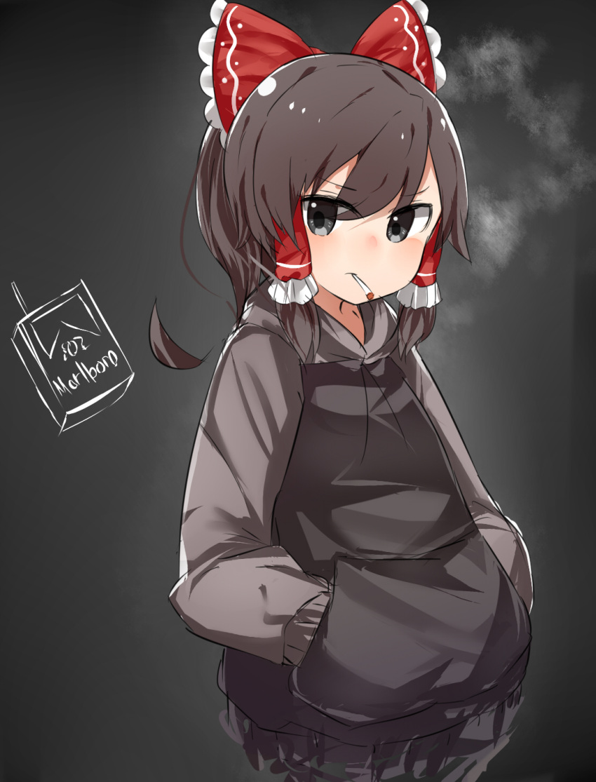 1girl bangs black_eyes blush bow brown_hair cigarette closed_mouth commentary cookie_(touhou) cropped_torso eyebrows_visible_through_hair eyes_visible_through_hair frilled_bow frilled_hair_tubes frills grey_background grey_hoodie hair_between_eyes hair_bow hair_tubes hakurei_reimu hands_in_pocket highres hood hoodie looking_at_viewer marlboro maru_(cookie) medium_hair red_bow smoke smoking solo touhou upper_body yumekamaborosh