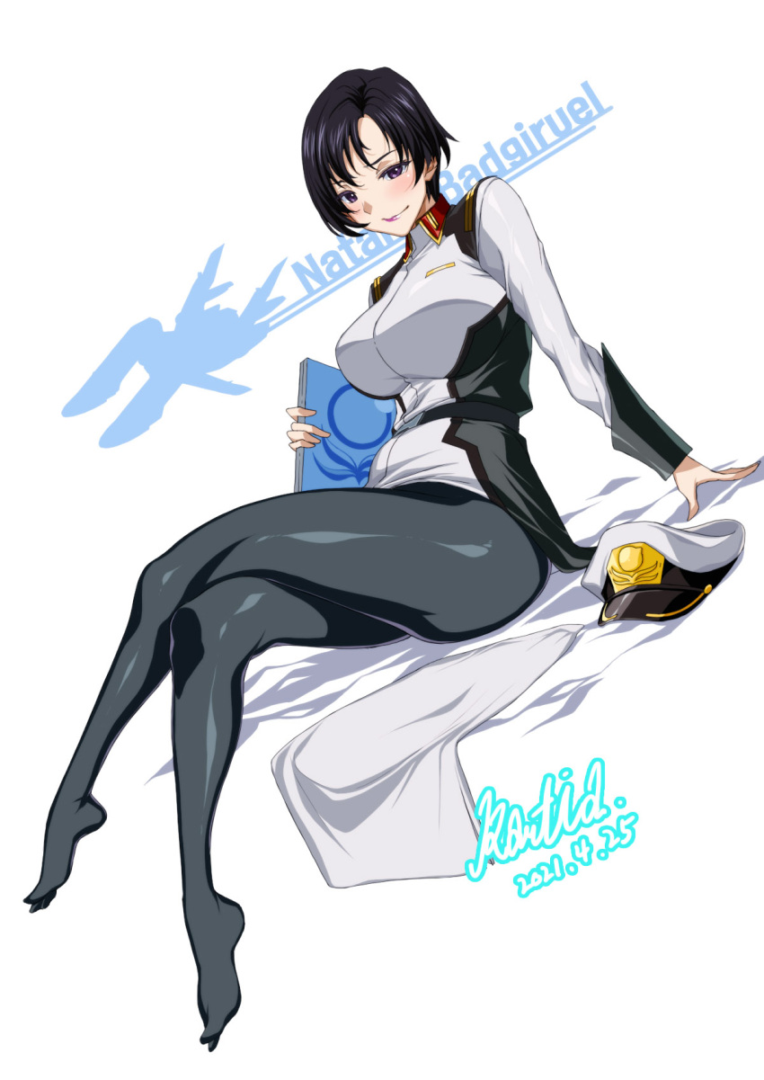 1girl bangs black_hair black_legwear breasts character_name closed_mouth collared_shirt commentary_request crossed_legs dated eyebrows_visible_through_hair feet forehead full_body gundam gundam_seed hat highres holding large_breasts lipstick makeup military military_hat military_uniform natarle_badgiruel no_shoes parted_bangs pointy_nose rantia shiny shiny_clothes shirt signature sitting smile solo thigh-highs uniform violet_eyes