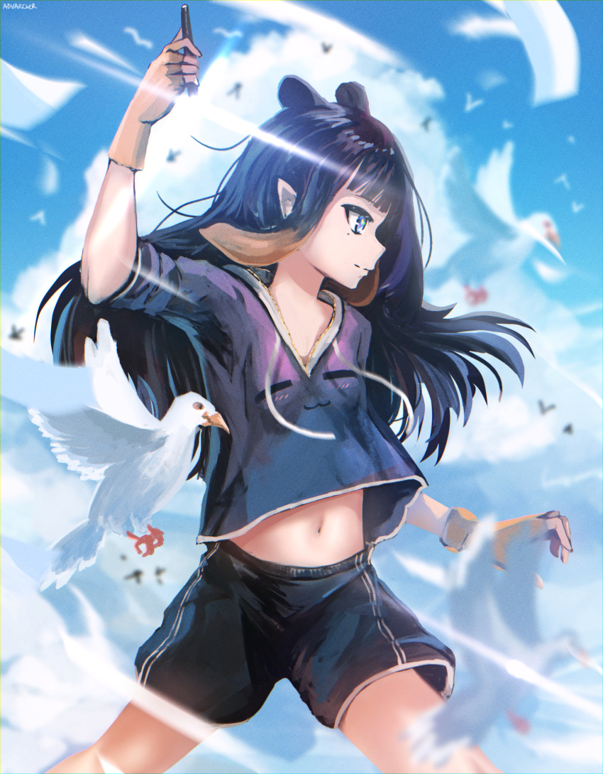 1girl animal_ears anonamos arm_up bird black_hair black_shirt black_shorts blonde_hair blue_eyes closed_mouth clouds cloudy_sky cowboy_shot fingerless_gloves gloves highres holding hololive hololive_english looking_away midriff mole mole_under_eye multicolored_hair navel ninomae_ina'nis pointy_ears profile shirt short_sleeves shorts sidelocks sky solo streaked_hair virtual_youtuber wind yellow_gloves