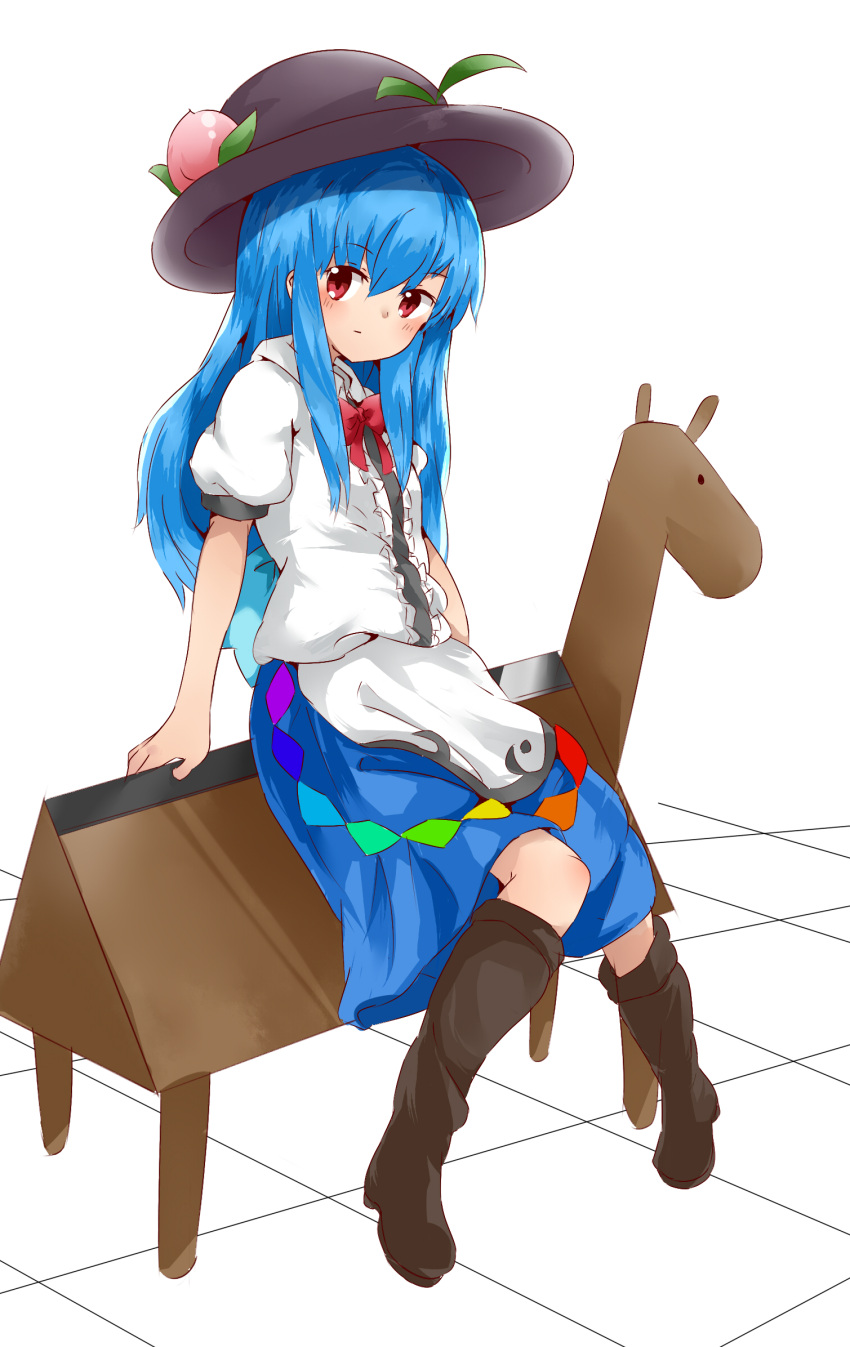 1girl bangs black_headwear blue_hair blue_skirt blush boots bow bowtie breasts brown_footwear center_frills closed_mouth collared_shirt commentary_request cookie_(touhou) expressionless eyebrows_visible_through_hair food frills fruit full_body hair_between_eyes hat highres hinanawi_tenshi ichimura_oma leaf leaning_back long_hair looking_at_viewer peach puffy_short_sleeves puffy_sleeves rainbow_order red_bow red_bowtie red_eyes shirt short_sleeves skirt small_breasts solo touhou white_background white_shirt wooden_horse yumekamaborosh
