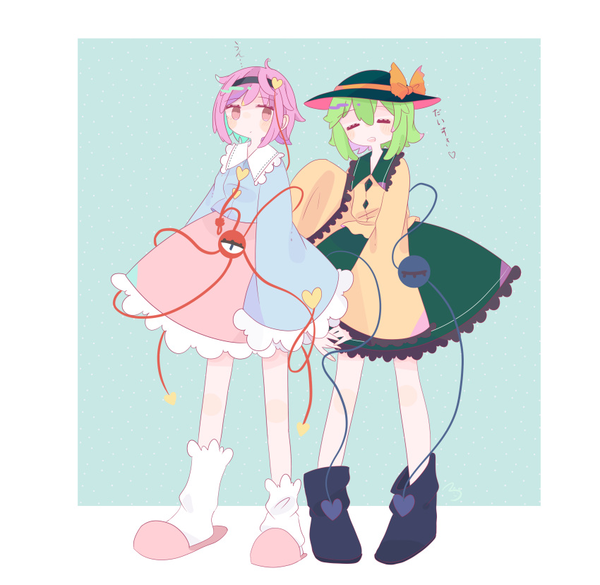 2girls :/ :d absurdres bad_id bad_pixiv_id black_footwear black_hairband black_headwear blouse blue_shirt blush boots bow buttons closed_eyes closed_mouth commentary diamond_button eyebrows_visible_through_hair frilled_shirt_collar frilled_skirt frilled_sleeves frills full_body green_hair green_skirt hair_between_eyes hair_ornament hairband hat hat_bow heart heart_button heart_hair_ornament highres holding_hands komeiji_koishi komeiji_satori long_sleeves looking_at_another multiple_girls open_mouth pink_eyes pink_footwear pink_hair pink_skirt rrmrk shirt short_hair siblings sideways_glance sisters skirt slippers smile socks teeth third_eye touhou translated upper_teeth white_legwear wide_sleeves yellow_bow yellow_shirt