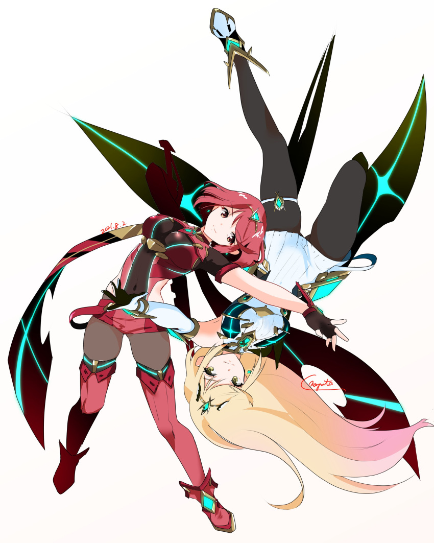 2girls absurdres bangs bare_shoulders black_gloves black_legwear blonde_hair breasts brown_legwear chest_jewel commentary_request dress earrings elbow_gloves fingerless_gloves gloves highres jewelry large_breasts legwear_under_shorts long_hair multiple_girls mythra_(xenoblade) nayuta-kanata pantyhose pyra_(xenoblade) red_eyes red_legwear red_shorts redhead short_dress short_hair short_shorts shorts simple_background super_smash_bros. swept_bangs thigh-highs thigh_strap tiara very_long_hair white_background white_dress white_footwear white_gloves xenoblade_chronicles_(series) xenoblade_chronicles_2 yellow_eyes
