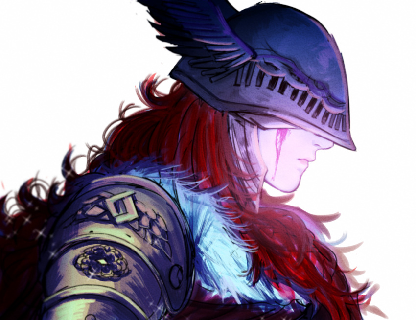 1girl armor blood blood_from_eyes cape closed_mouth covered_eyes dress elden_ring helmet long_hair malenia_blade_of_miquella mechanical_arms noeruka red_cape redhead simple_background single_mechanical_arm solo very_long_hair white_background winged_helmet