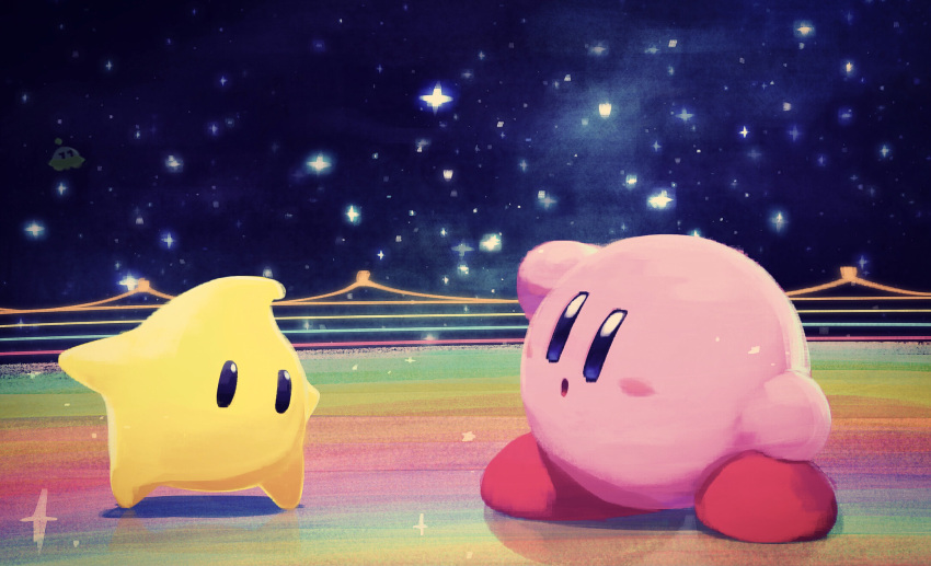 highres kirby kirby_(series) looking_at_viewer luma_(mario) mario_kart night open_mouth rainbow_road scenery sky sparkle star_(sky) starry_sky super_mario_bros. super_mario_galaxy surprised suyasuyabi