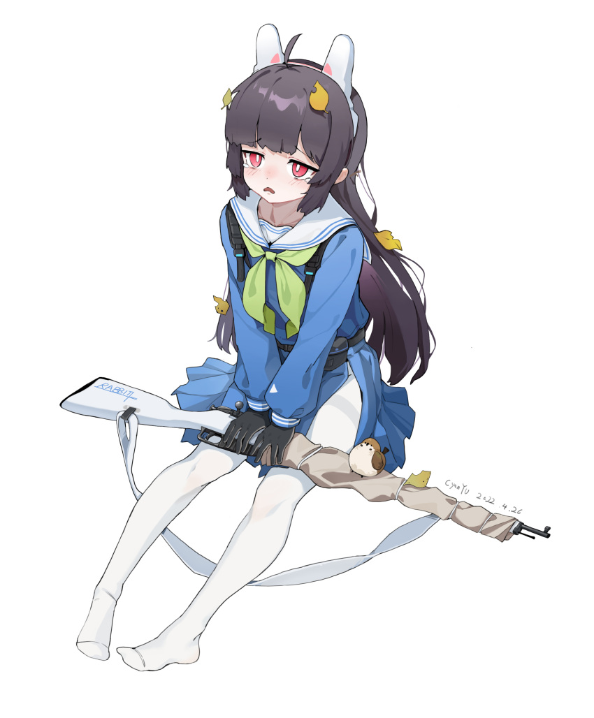 1girl absurdres animal_ears artist_name bangs belt_pouch bird black_gloves black_hair blue_archive blue_serafuku blue_shirt blue_skirt blunt_bangs blush bolt_action bright_pupils commentary cyan_yu dated dress_shirt fake_animal_ears frown full_body gloves green_neckerchief gun hair_strand hands_on_lap harness highres leaf leaf_on_head long_hair messy_hair miyu_(blue_archive) mosin-nagant neckerchief no_shoes on_ground open_mouth pantyhose pleated_skirt pouch rabbit_ears raised_eyebrows red_eyes rifle sailor_collar school_uniform serafuku shirt signature simple_background sitting skirt sniper_rifle solo tearing_up v_arms weapon white_background white_legwear white_pupils white_sailor_collar