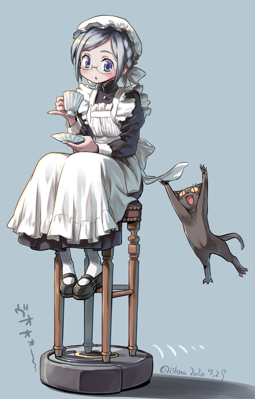1girl absurdres apron back_bow black_cat black_dress black_footwear bow cat character_request commentary_request copyright_request cup dress frilled_apron frills full_body glasses grey_hair hat highres holding holding_cup isedaichi_ken juliet_sleeves long_sleeves maid_apron mary_janes mob_cap open_mouth puffy_sleeves roomba round_eyewear shoes short_hair silver_hair sitting vacuum_cleaner violet_eyes white_apron white_bow white_headwear