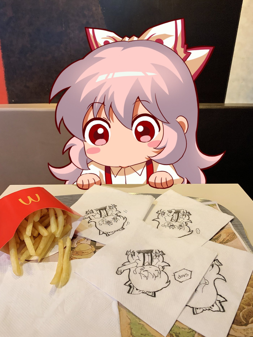 bow collared_shirt commentary_request fast_food food french_fries fujiwara_no_mokou hair_bow highres jokanhiyou mcdonald's puffy_short_sleeves puffy_sleeves red_eyes shirt short_sleeves suspenders touhou white_bow white_hair white_shirt