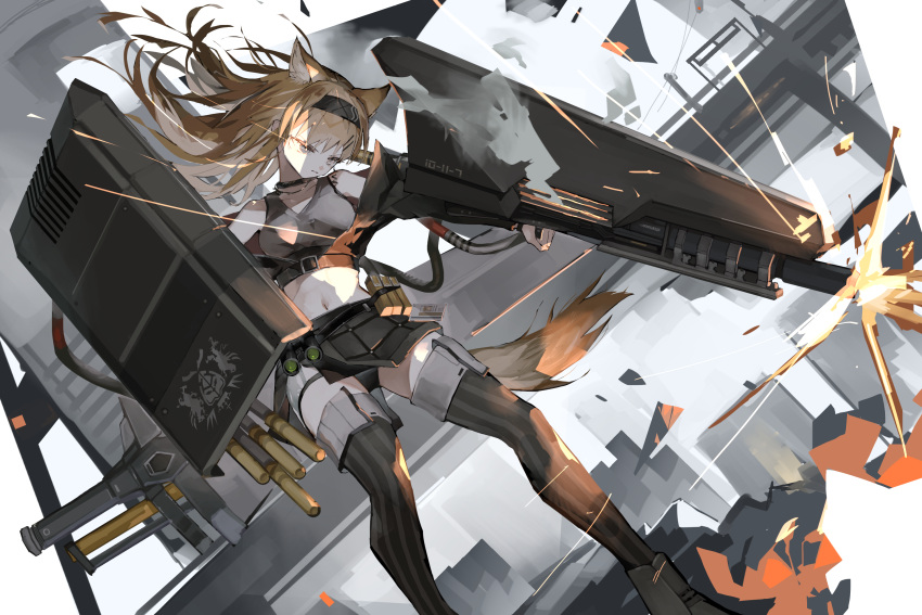 1girl animal_ears arknights black_choker black_hairband black_jacket black_legwear black_skirt brown_eyes brown_hair choker commentary_request crop_top cropped_jacket debris dutch_angle grey_tank_top hairband highres holding holding_shield horn_(arknights) jacket kensei_(v2) long_hair midriff navel open_clothes open_jacket shield skirt solo sparks striped striped_legwear tail tank_top thigh-highs wolf_ears wolf_girl wolf_tail