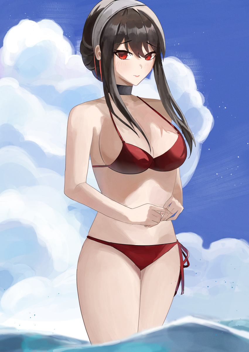 1girl absurdres bangs bikini black_choker black_hair blue_sky blush breasts choker closed_mouth clouds cowboy_shot eyebrows_visible_through_hair hairband highres large_breasts looking_at_viewer ocean outdoors raised_eyebrows red_bikini red_eyes riel_(ataraxia2334) shy sky solo spy_x_family swimsuit wading water white_hairband yor_briar