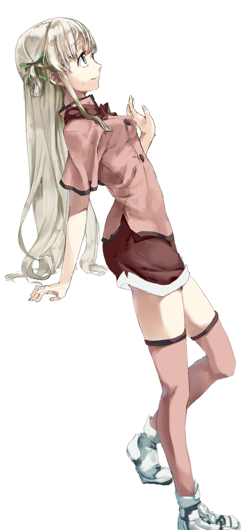 1girl absurdres arm_support azusagawa_tsukino commentary_request from_side full_body highres leaning_back long_hair looking_up miniskirt nyora_(soredemosekai) plantar_flexion shoes simple_background skirt solo sweatdrop thigh-highs uniform wavy_mouth white_background yakitate!!_japan