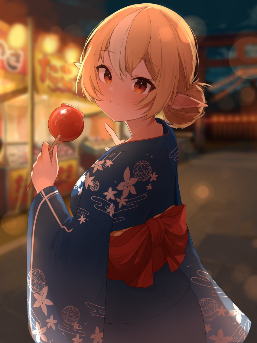 1girl bangs blonde_hair blue_kimono blurry blurry_background blush bow candy_apple closed_mouth depth_of_field elf eyebrows_visible_through_hair food hair_bun hands_up highres holding holding_food hololive japanese_clothes kimono looking_at_viewer mikukana133 multicolored_hair night outdoors pointy_ears print_kimono red_bow red_eyes shiranui_flare short_hair smile solo streaked_hair virtual_youtuber white_hair
