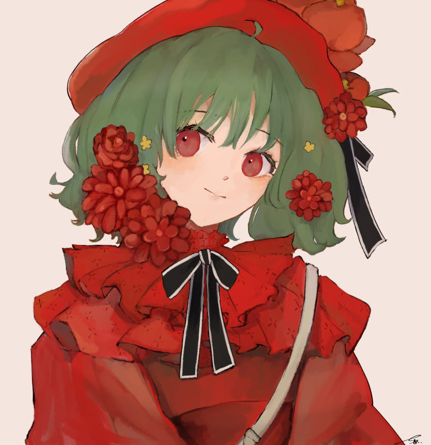 1girl absurdres alternate_costume bangs beret black_bow blush bow eyebrows_visible_through_hair flower green_hair hat highres light_smile looking_to_the_side macross macross_frontier osatsu_a ranka_lee red_eyes red_flower red_headwear short_hair smile solo