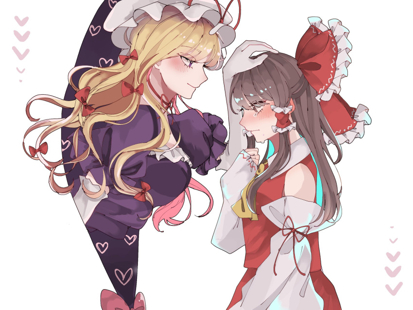 2girls ascot bangs blonde_hair blush bow breasts brown_hair choker closed_mouth commentary_request crying crying_with_eyes_open detached_sleeves dress elbow_gloves frilled_bow frilled_hair_tubes frills gap_(touhou) gloves hair_bow hair_ribbon hair_tubes hakurei_reimu hat hat_ribbon headpat highres long_hair medium_breasts mob_cap multiple_girls nontraditional_miko pepetin_0147 puffy_short_sleeves puffy_sleeves purple_dress red_bow red_choker red_ribbon ribbon short_sleeves sidelocks smile tears touhou tress_ribbon violet_eyes white_gloves white_headwear wide_sleeves yakumo_yukari yellow_ascot