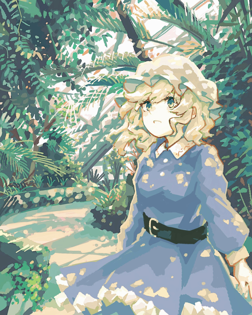 1girl bangs belt black_belt blonde_hair collared_dress commentary dress forest frilled_dress frills green_eyes hat highres long_sleeves maribel_hearn medium_hair mob_cap nature open_mouth puffy_long_sleeves puffy_sleeves purple_dress scenery solo touhou tree wasabisuke wavy_hair white_headwear
