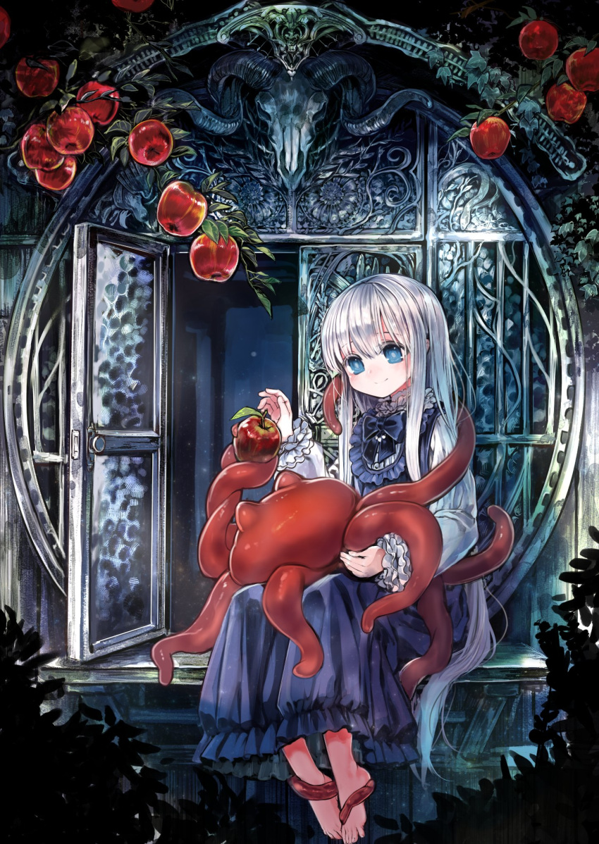 1girl animal_skull apple barefoot blue_bow blue_bowtie blue_dress blue_eyes blush bow bowtie closed_mouth creature dress eldritch_abomination eyebrows_visible_through_hair food frilled_dress frills fruit highres holding holding_food holding_fruit komota_(kanyou_shoujo) long_hair lucette_(komota_(kanyou_shoujo)) monster open_window original outdoors silhouette silver_hair sitting skull smile tentacles toenails very_long_hair window