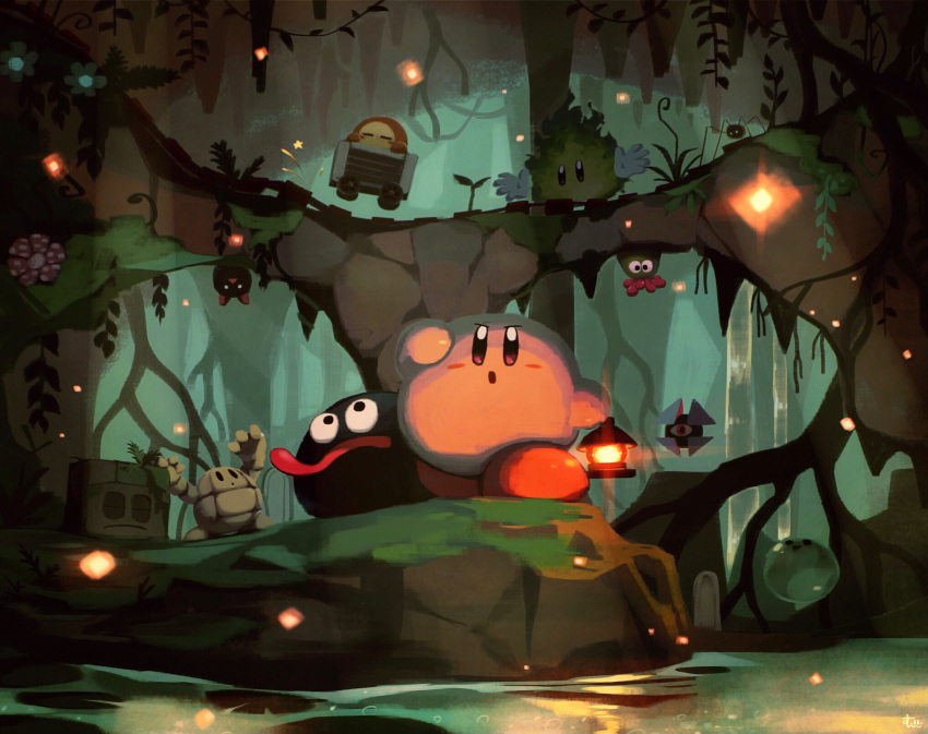 bug cave creature dark fire flower frown gloves gooey_(kirby) grass highres kirby kirby_(series) lantern monster open_mouth plant railroad_tracks rock sparkle spider suyasuyabi tongue tongue_out vines waddle_dee water waterfall worried