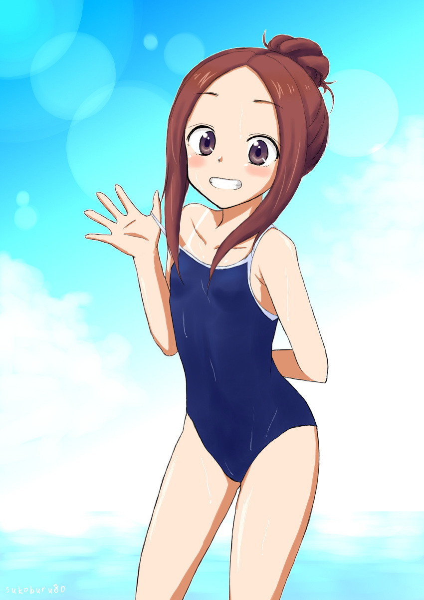 1girl bangs bikini blue_swimsuit brown_hair commentary_request competition_school_swimsuit cowboy_shot grin hair_bun highres karakai_jouzu_no_takagi-san looking_at_viewer medium_hair parted_bangs side-tie_bikini smile solo standing sukoburu80 swimsuit takagi-san tan tanlines