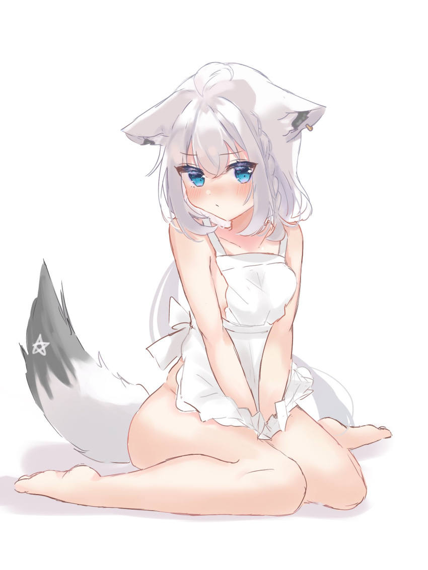 1girl ahoge animal_ear_fluff animal_ears ao_kotoha apron bangs between_legs blush braid breasts commentary_request earrings ears_down eyebrows_visible_through_hair fox_ears fox_girl fox_tail green_eyes hair_between_eyes hand_between_legs highres hololive jewelry long_hair looking_at_viewer naked_apron no_bra no_panties no_underwear pentagram shirakami_fubuki sidelocks simple_background single_braid sitting small_breasts solo tail virtual_youtuber wariza white_background white_hair