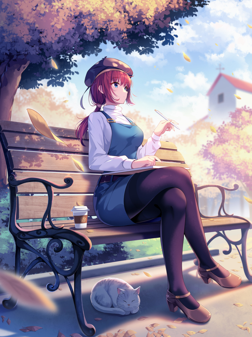 1girl autumn autumn_leaves bench beret black_legwear blue_eyes branch breasts bush cat church closed_mouth clouds cloudy_sky coffee_cup commentary crossed_legs cup dappled_sunlight day disposable_cup drawing falling_leaves full_body grass hand_on_lap hat highres holding holding_pencil kagami_(galgamesion) leaf looking_afar medium_breasts medium_hair on_bench on_lap original outdoors overall_skirt pantyhose park park_bench pencil ponytail redhead scenery shadow shirt shoes sitting sketchbook sky sleeping solo sunlight tree white_shirt