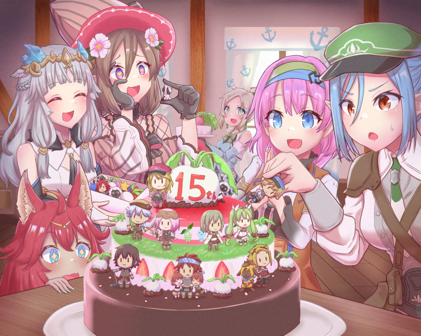 anniversary asymmetrical_bangs bangs bare_shoulders beatrice_(rune_factory) blonde_hair bow brown_hair demon_girl dress fishnet_top fishnets fuuka_(rune_factory) hair_ornament hairband hat highres long_hair lucy_(rune_factory) ludmila_(rune_factory) multiple_girls priscilla_(rune_factory) rune_factory rune_factory_5 scarlett_(rune_factory) terumasa_(amanoy) twin_braids twintails witch_hat