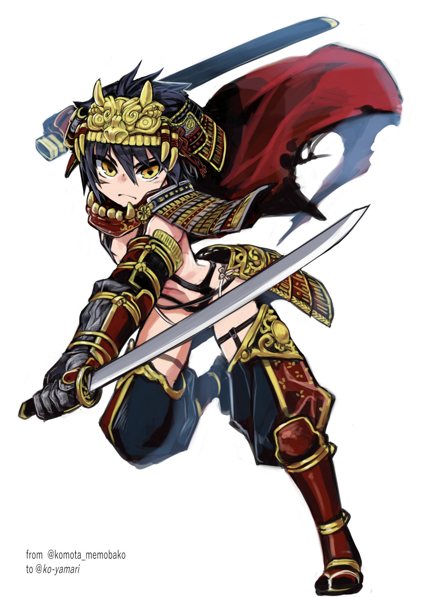 1boy absurdres armor black_hair cape closed_mouth commission crossdressing elbow_gloves fighting_stance full_body gloves hair_between_eyes helmet highres holding holding_sword holding_weapon japanese_armor komota_(kanyou_shoujo) kusazuri looking_at_viewer original otoko_no_ko red_cape scabbard sheath shoulder_armor simple_background skeb_commission slingshot_swimsuit sode solo standing standing_on_one_leg swimsuit sword unsheathed weapon white_background yellow_eyes