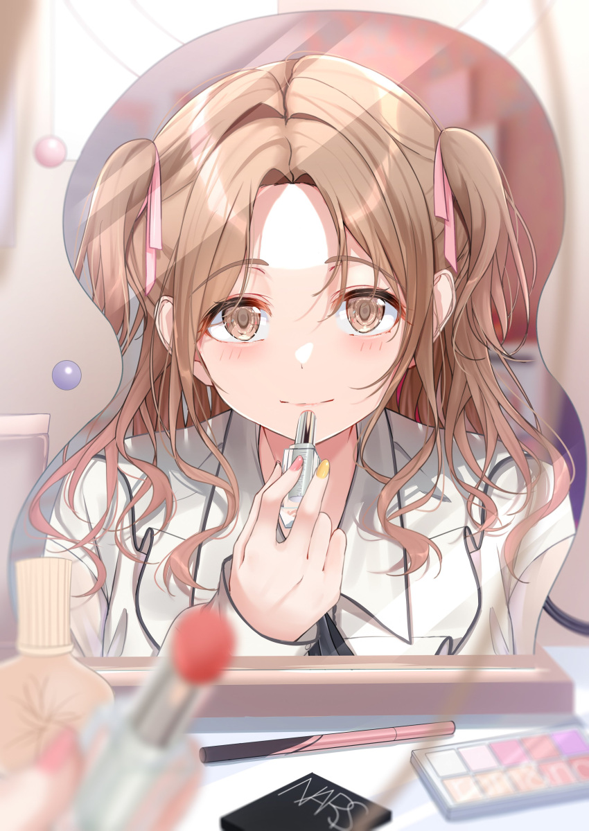 1girl absurdres bangs blurry blurry_background blurry_foreground blush brown_hair cosmetics depth_of_field hair_ribbon highres ichikawa_hinana idolmaster idolmaster_shiny_colors light_smile lipstick looking_at_viewer makeup mirror nail_polish parted_bangs pov reflection ribbon school_uniform solo two_side_up upper_body yzk_knmn