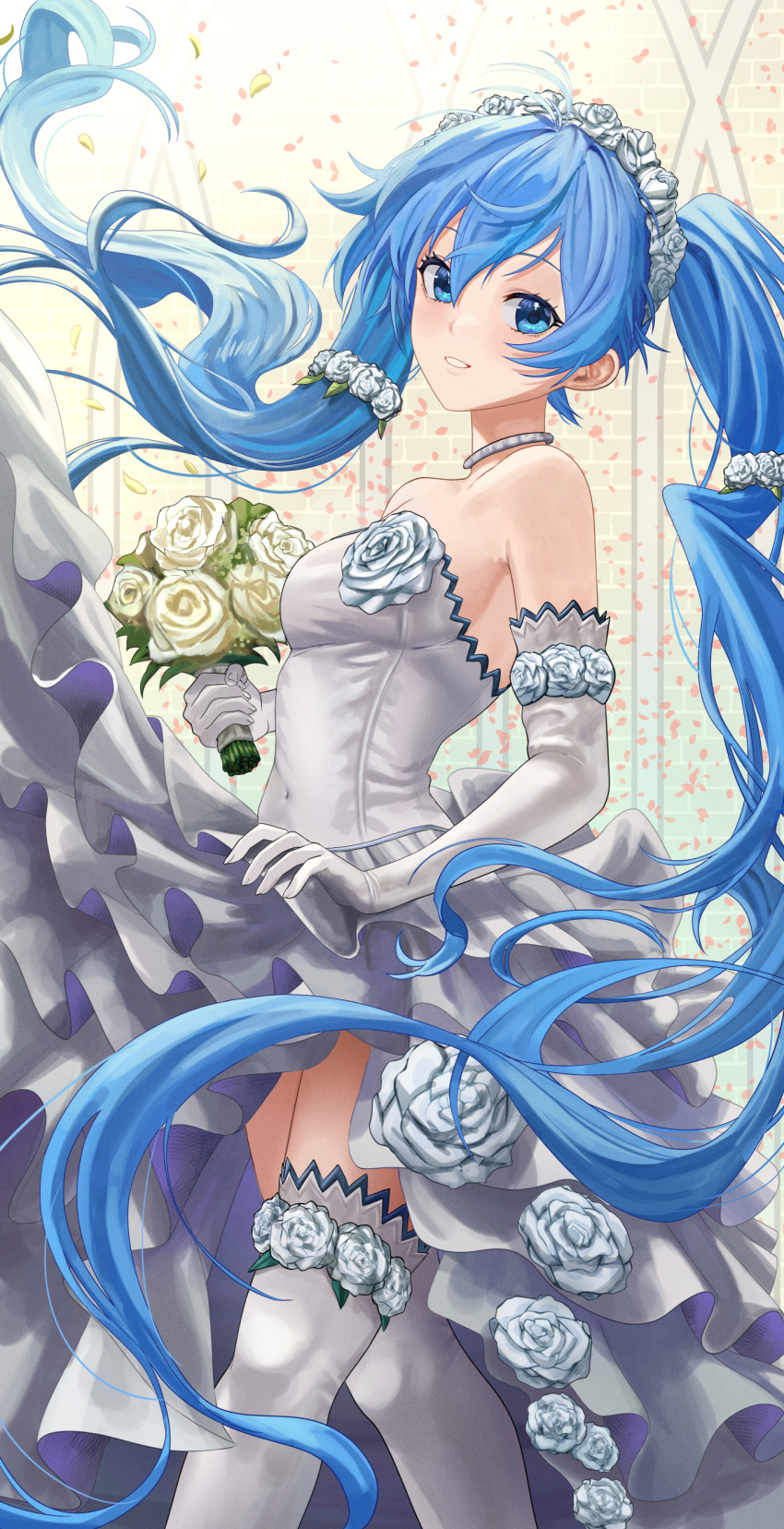 1girl absurdres bangs bare_shoulders blue_eyes blue_hair bouquet breasts bride dress flower frilled_dress frills hair_flower hair_ornament hatsune_miku highres long_hair looking_at_viewer parted_bangs petals silvertsuki smile solo strapless strapless_dress thigh-highs tube_dress twintails vocaloid wedding_dress white_dress white_flower white_legwear