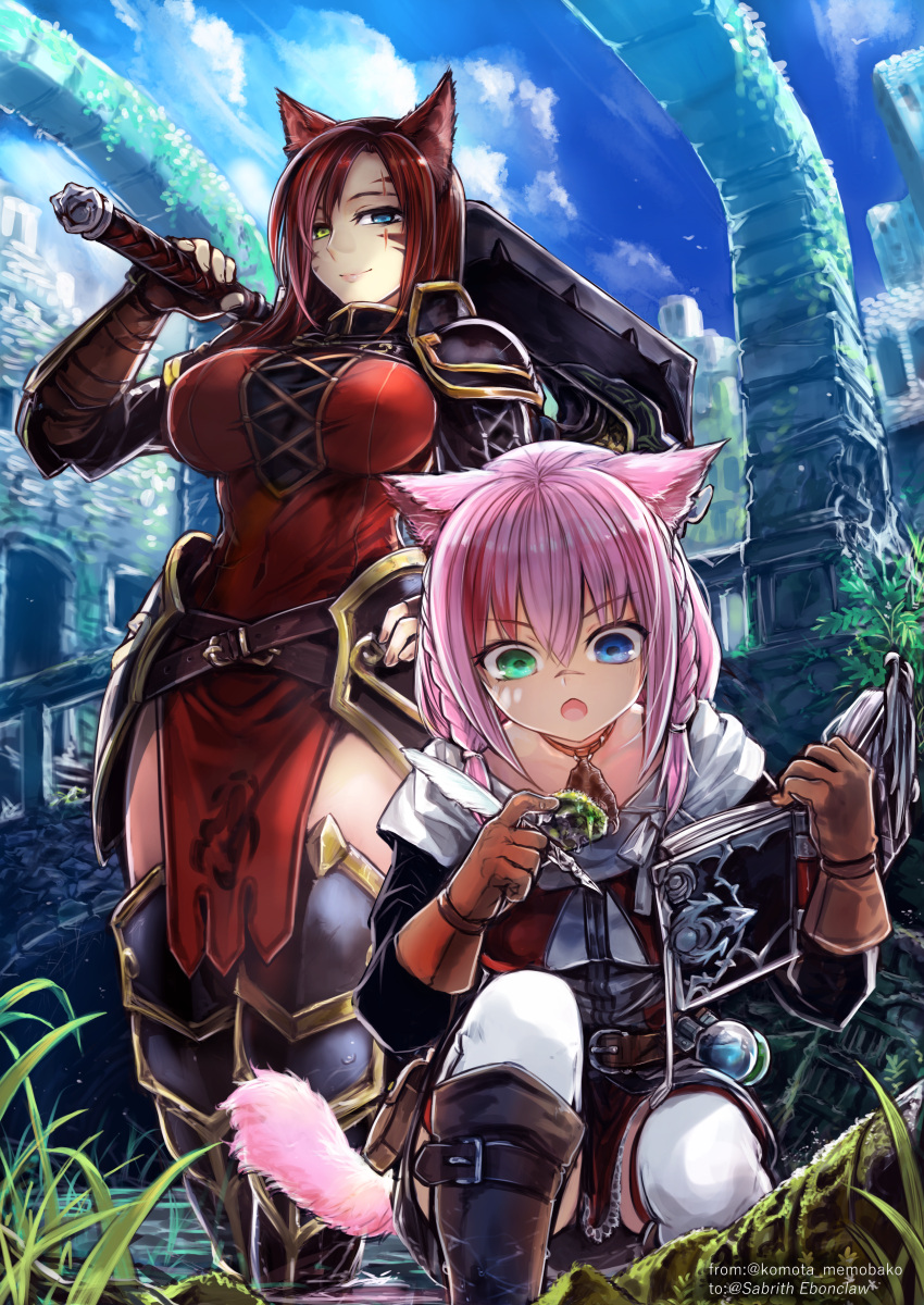 2girls absurdres animal_ears arch armor avatar_(ff14) blue_eyes blue_sky boots breasts brown_footwear cat_ears cat_tail closed_mouth commission day dress facial_mark final_fantasy final_fantasy_xiv greaves green_eyes heterochromia highres holding holding_weapon komota_(kanyou_shoujo) large_breasts looking_at_viewer miqo'te multiple_girls open_mouth outdoors pelvic_curtain pink_hair red_dress redhead ruins scar scar_across_eye skeb_commission sky smile squatting tail thigh-highs weapon whisker_markings white_legwear wide-eyed