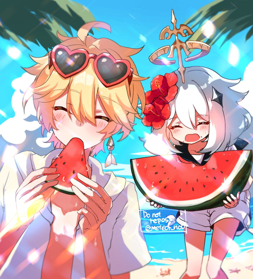 1boy 1girl aether_(genshin_impact) ahoge bangs beach blonde_hair braid closed_eyes eating food fruit genshin_impact hair_ornament halo highres hood hoodie long_sleeves norun_(ru-on) open_clothes open_mouth open_shirt paimon_(genshin_impact) short_hair shorts sky twitter_username watermelon white_hair