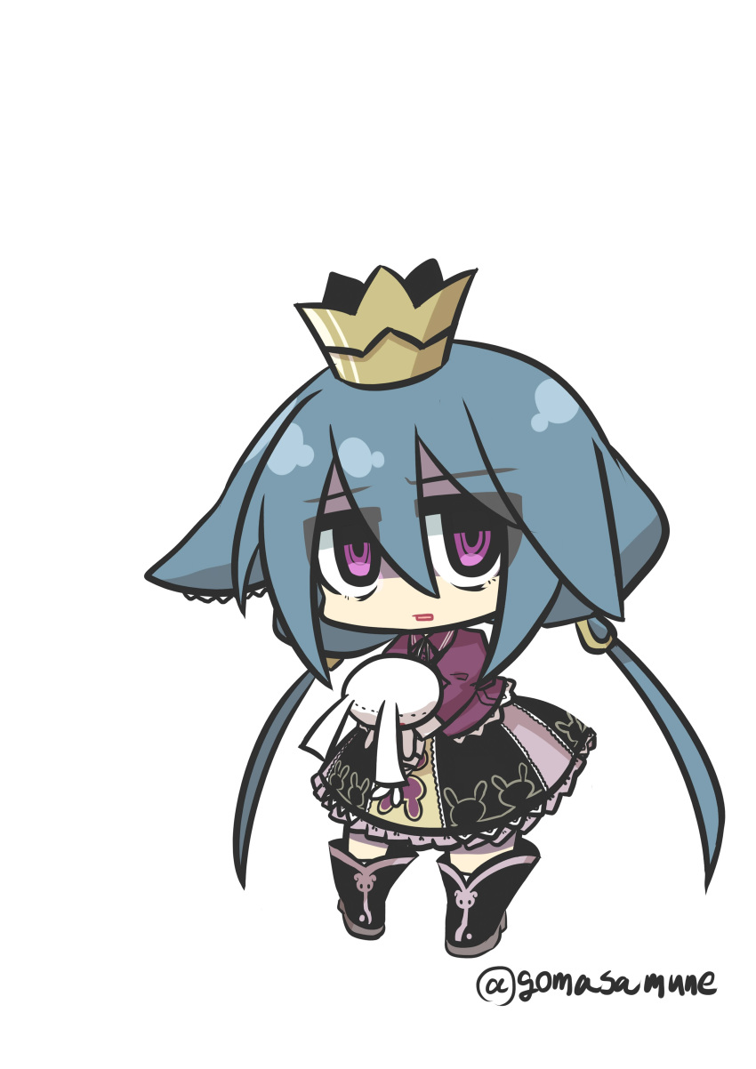 1girl 7th_dragon 7th_dragon_(series) absurdres bangs black_footwear black_skirt blue_hair boots chibi collared_shirt crown eyebrows_visible_through_hair goma_(gomasamune) hair_between_eyes highres juliet_sleeves long_hair long_sleeves looking_at_viewer low_twintails mini_crown momomeno_(7th_dragon) parted_lips princess_(7th_dragon) puffy_sleeves purple_shirt shirt simple_background skirt solo stuffed_animal stuffed_bunny stuffed_toy twintails twitter_username very_long_hair violet_eyes white_background