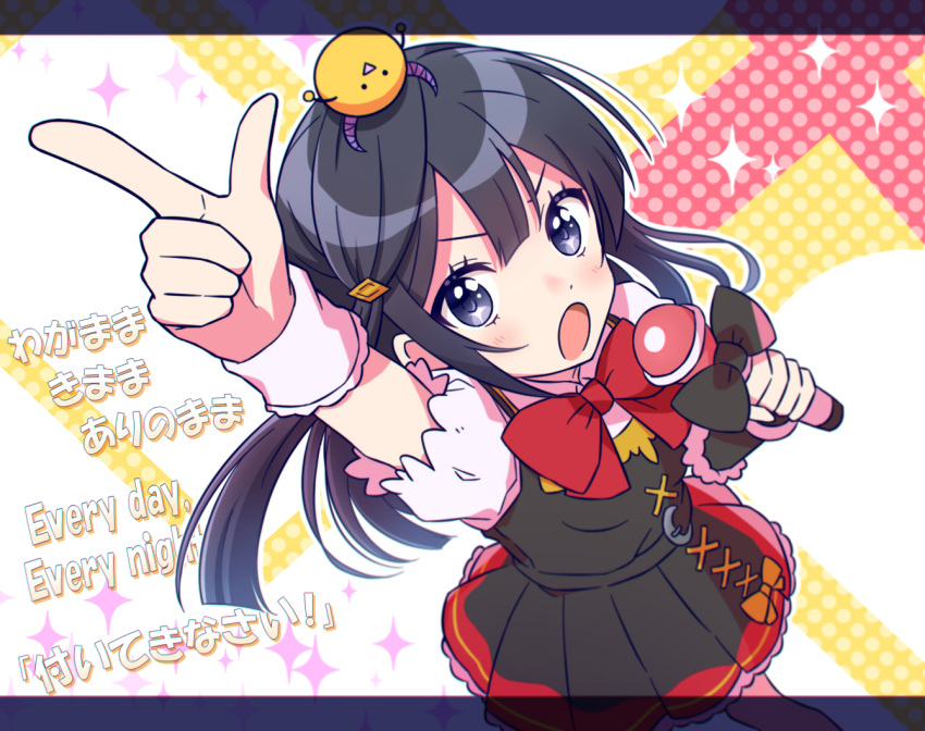 1girl :o akihitohappy bangs black_hair blush commentary_request english_text grey_eyes hair_ornament holding holding_microphone long_hair looking_at_viewer love_live! love_live!_nijigasaki_high_school_idol_club microphone one_side_up parody pmaru-sama pointing pointing_up polka_dot polka_dot_background ribbon shiny shiny_hair short_sleeves sidelocks solo sparkle_background translation_request wristband yuuki_setsuna_(love_live!)