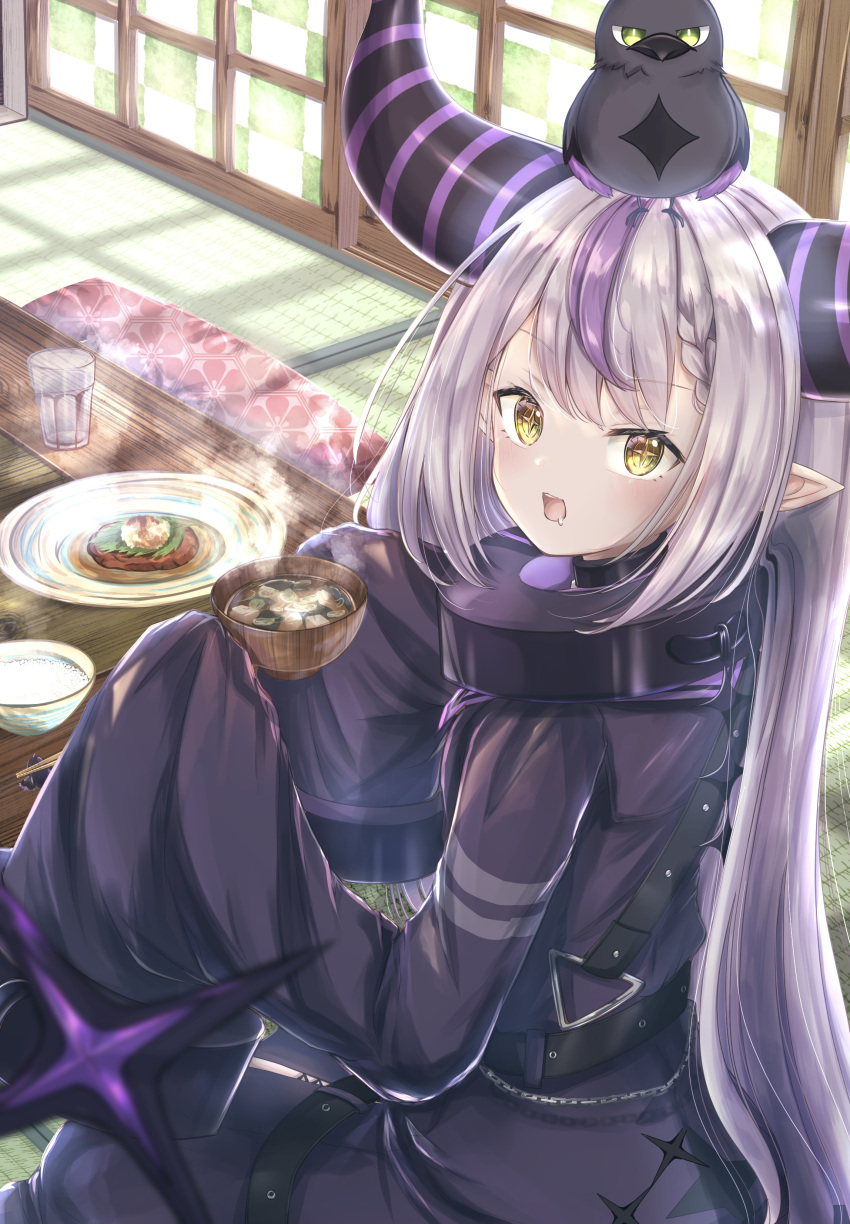 1girl absurdres belt black_coat bowl coat crow_(la+_darknesss) cup food glass highres holding holding_bowl holding_food hololive horns indoors la+_darknesss light long_hair looking_at_viewer looking_back miso_soup multicolored_hair on_floor open_mouth pointy_ears purple_hair saliva sidelocks silver_hair sitting solo star-shaped_pupils star_(symbol) streaked_hair symbol-shaped_pupils tail tatami ukiukikiwi2525 very_long_hair virtual_youtuber wide_sleeves window