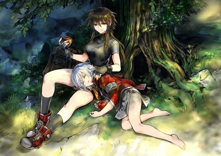1boy 1girl absurdres apple barefoot black_legwear black_shirt breasts brown_hair closed_eyes closed_mouth commission fingerless_gloves food fruit gloves highres komota_(kanyou_shoujo) lap_pillow large_breasts lying on_side original parted_lips ponytail red_apple red_footwear shirt shoes short_sleeves skeb_commission sleeping smile socks tree white_hair