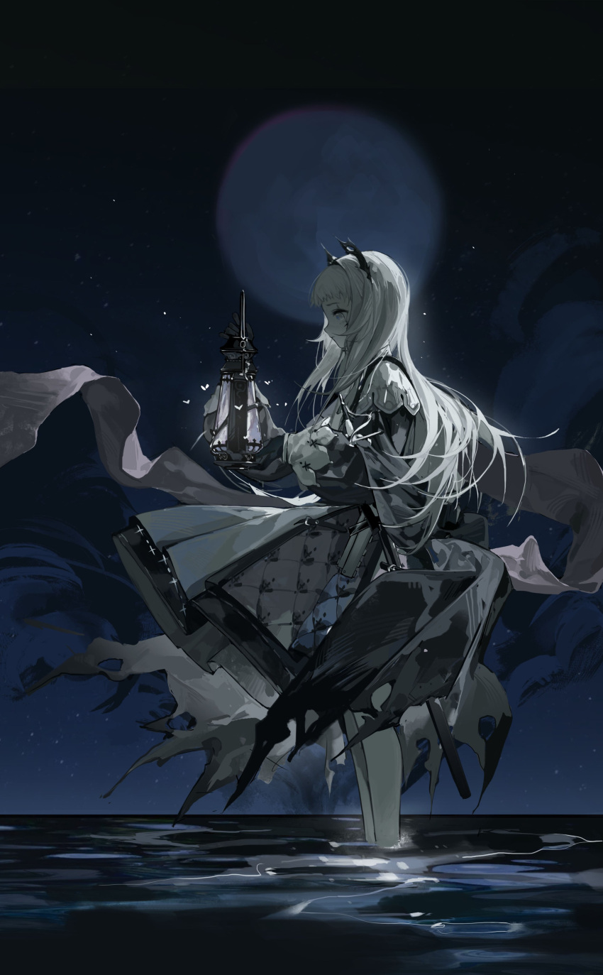 1girl absurdres arknights black_gloves black_jacket cliuu_u closed_mouth from_side full_moon gloves grey_eyes gun head_wings highres holding holding_lantern horizon irene_(arknights) jacket lantern layered_skirt long_hair moon night night_sky ocean outdoors pantyhose profile purple_skirt scar scar_across_eye scar_on_face sheath sheathed silver_hair skirt sky smile solo standing sword torn_clothes wading water weapon white_legwear white_skirt wind