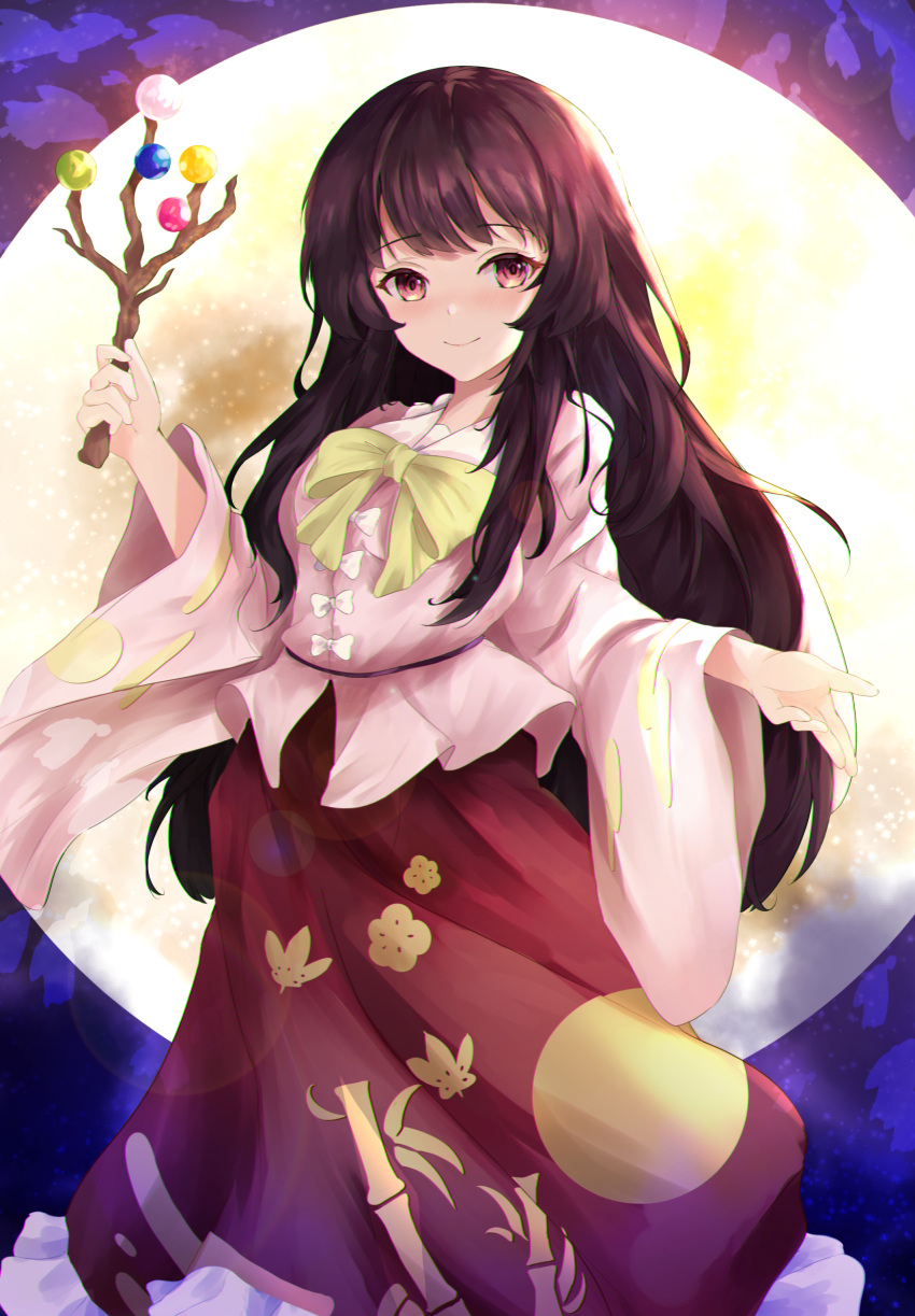 1girl bangs black_hair blush bow bowtie branch eyebrows_visible_through_hair frilled_shirt_collar frills full_moon highres holding houraisan_kaguya jeweled_branch_of_hourai long_hair long_skirt long_sleeves looking_at_viewer moon night orchid_(orukido) red_skirt shirt skirt sky smile solo standing touhou very_long_hair white_bow wide_sleeves yellow_bow