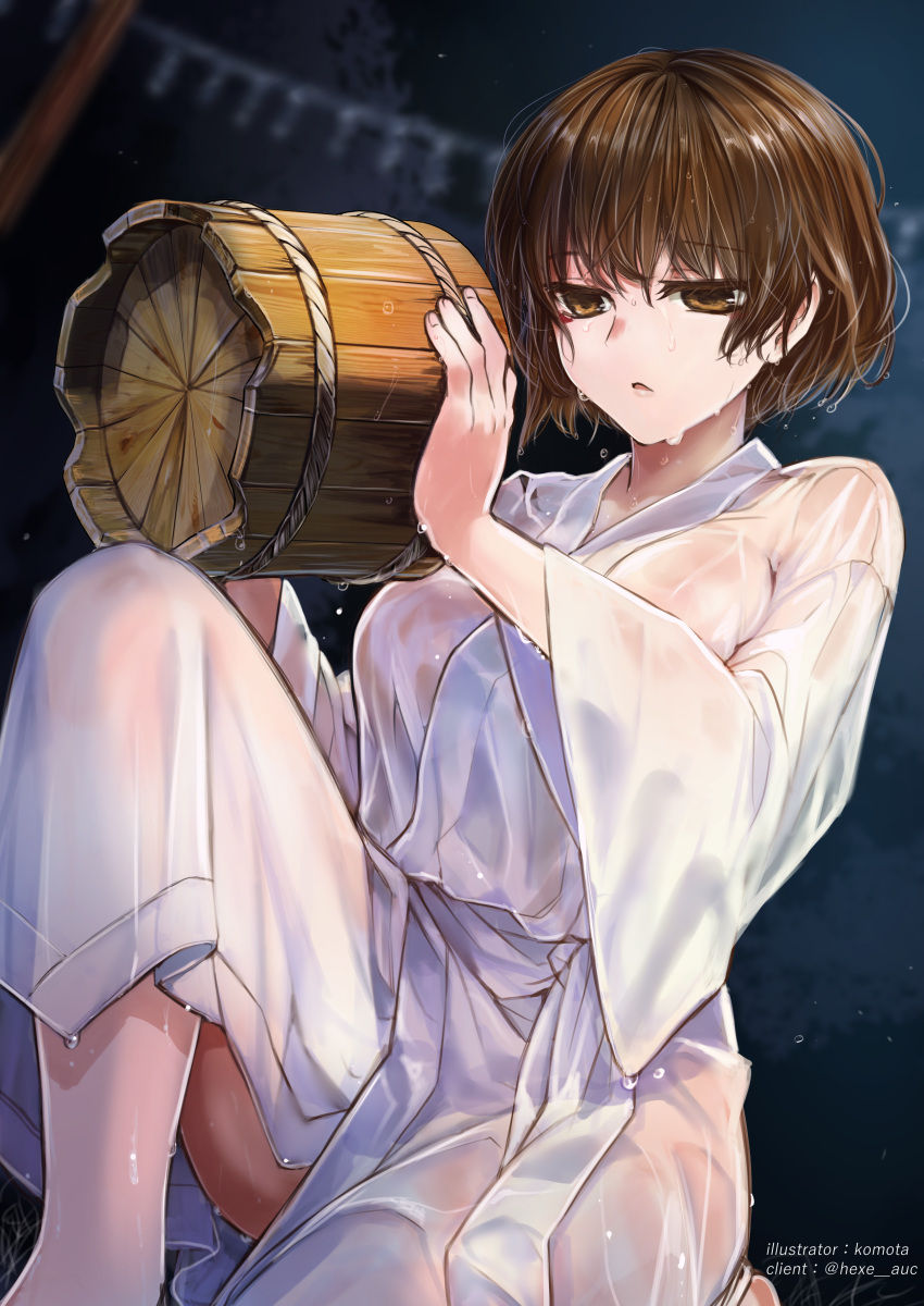 1girl absurdres breasts brown_eyes brown_hair bucket commission copyright_request highres holding komota_(kanyou_shoujo) large_breasts long_sleeves one_knee parted_lips short_hair sitting skeb_commission solo wet wet_clothes wet_hair wide_sleeves wooden_bucket