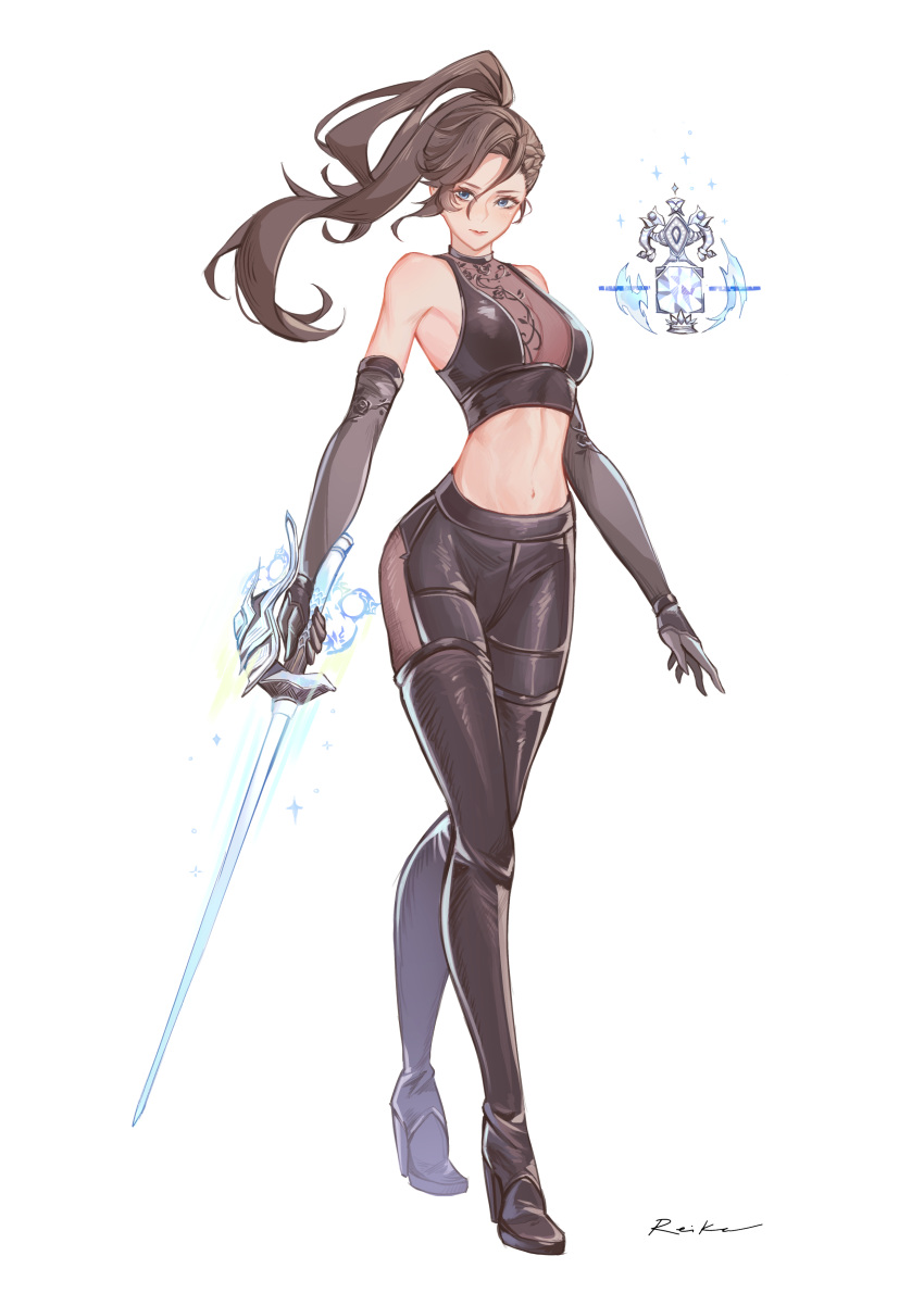 1girl absurdres avatar_(ff14) black_gloves black_hair black_pants blue_eyes boots breasts elbow_gloves final_fantasy final_fantasy_xiv full_body gloves hair_between_eyes high_heel_boots high_heels highres holding holding_sword holding_weapon hyur long_hair looking_at_viewer medium_breasts midriff navel pants ponytail red_mage shiro-hane solo sword thigh-highs thigh_boots tight tight_pants weapon white_background