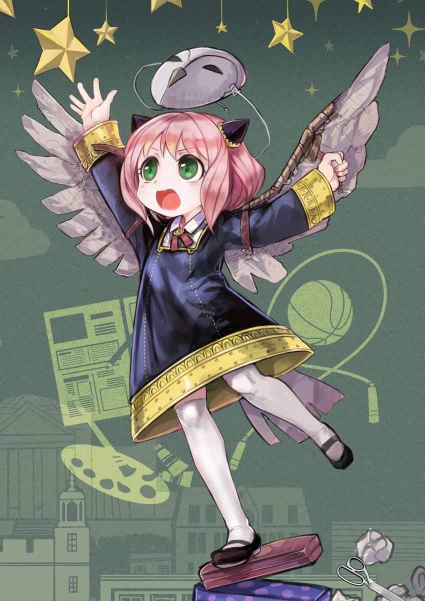 1girl absurdres anya_(spy_x_family) bird_mask black_dress black_footwear child dress fake_wings green_eyes hair_cones hair_ornament hand_up highres komota_(kanyou_shoujo) long_sleeves mary_janes mask mask_removed open_mouth shirt shoes solo spy_x_family thigh-highs white_legwear white_shirt wings
