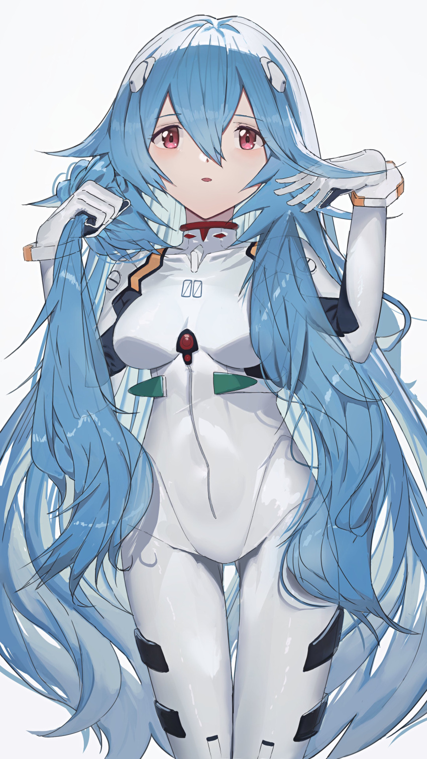 1girl absurdres ayanami_rei bangs blue_hair bodysuit breasts commentary_request evangelion:_3.0+1.0_thrice_upon_a_time gloves hair_between_eyes hair_ornament highres holding holding_hair interface_headset long_hair long_sleeves looking_at_viewer medium_breasts neon_genesis_evangelion open_mouth plugsuit rebuild_of_evangelion red_eyes ryes_8 shiny shiny_clothes shiny_hair sidelocks simple_background skin_tight solo standing very_long_hair white_background white_bodysuit