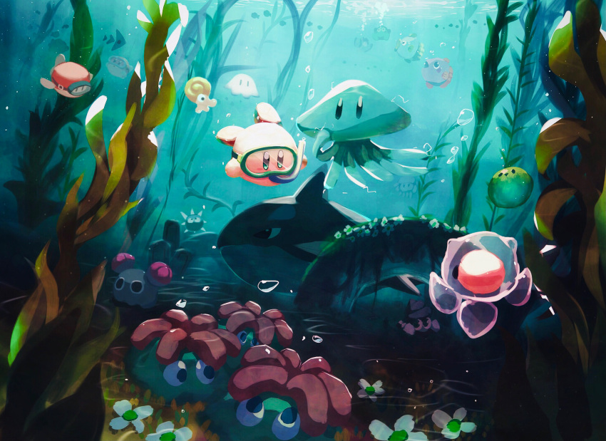 afloat bubble character_request creature day diving diving_mask fish flower goggles grass highres jellyfish kirby kirby_(series) ocean seaweed shark suyasuyabi swimming tentacles