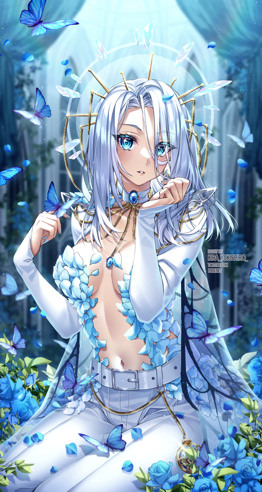 1girl absurdres artist_name belt blue_eyes blue_flower blue_nails blue_rose blurry blurry_background blush breasts breasts_apart bug butterfly cape chain commentary covering covering_breasts crystal curled_fingers curtains eyebrows_visible_through_hair eyelashes eyes_visible_through_hair flower forehead gem gold_chain hair_between_eyes halo highres indie_virtual_youtuber kira_yukishiro light_blue_hair light_particles long_sleeves looking_at_viewer medium_breasts monarch_(amalee) navel outdoors pants parted_lips petals pixiv_id plant rose see-through sitting sleeves_past_wrists solo sparkle stopwatch twitter_username v-shaped_eyebrows virtual_youtuber white_hair white_legwear white_pants white_sleeves